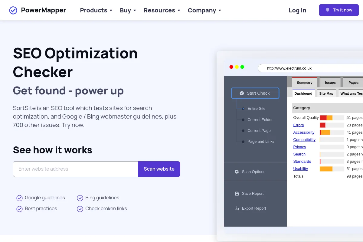 Website screenshot of powermapper.com