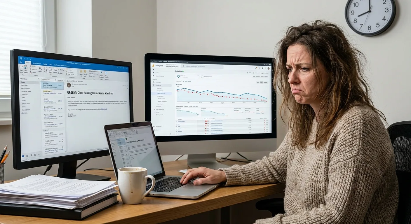 Realistic photo of an SEO consultant at a desk on Monday morning,