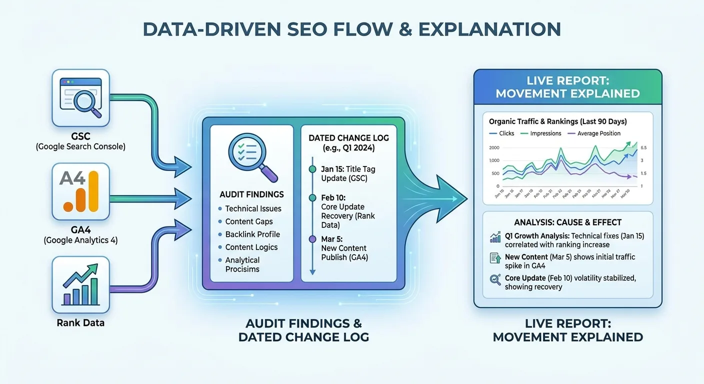 Clean infographic showing a left-to-right flow where GSC, GA4 and rank data