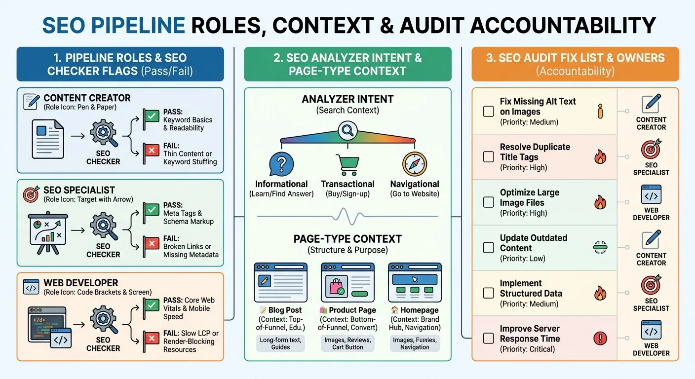 Three-column infographic defining pipeline roles, with SEO checker pass/fail flags, SEO analyzer