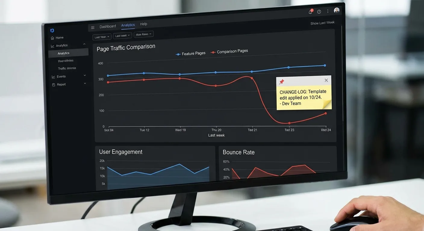 Analytics screen with comparison-page traffic dipping while feature pages hold steady, and