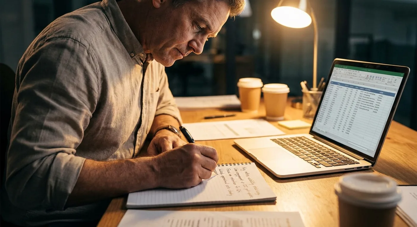 Strategist handwriting a four-line monthly commentary on a notepad beside a laptop