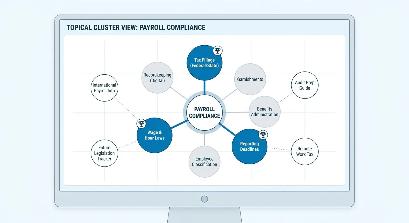Topical cluster view illustration for a payroll compliance topic, with ranked pages