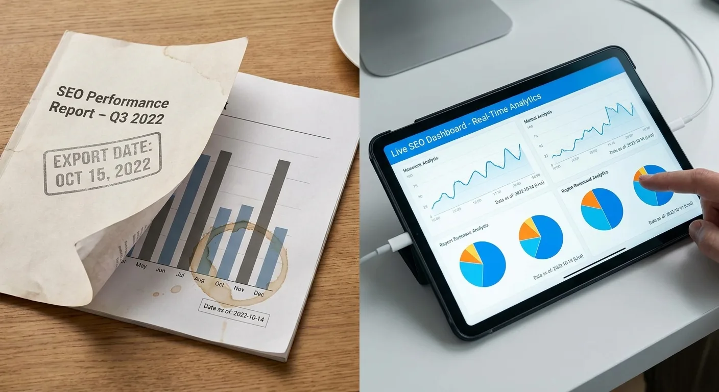 Split scene of a printed SEO PDF report with an old export