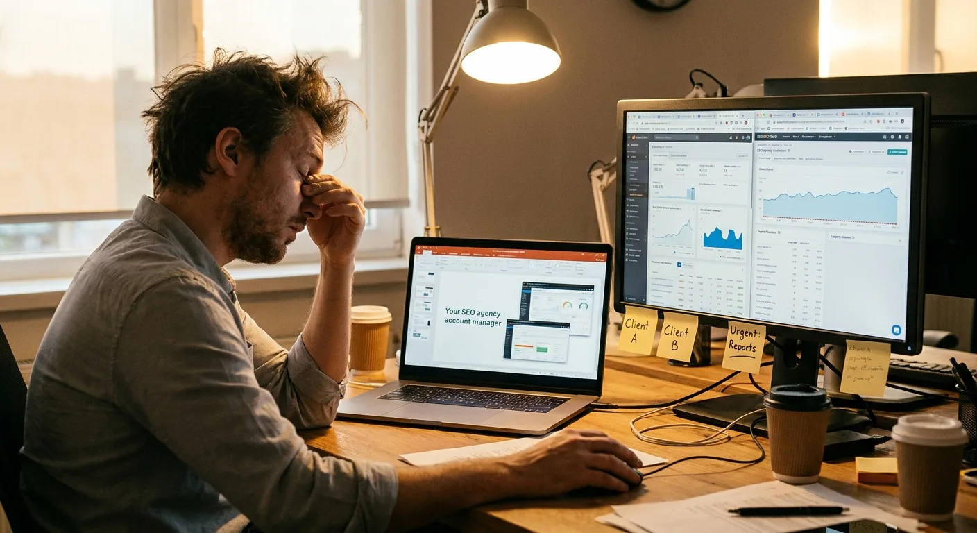 Realistic photo of a tired SEO agency account manager at a desk
