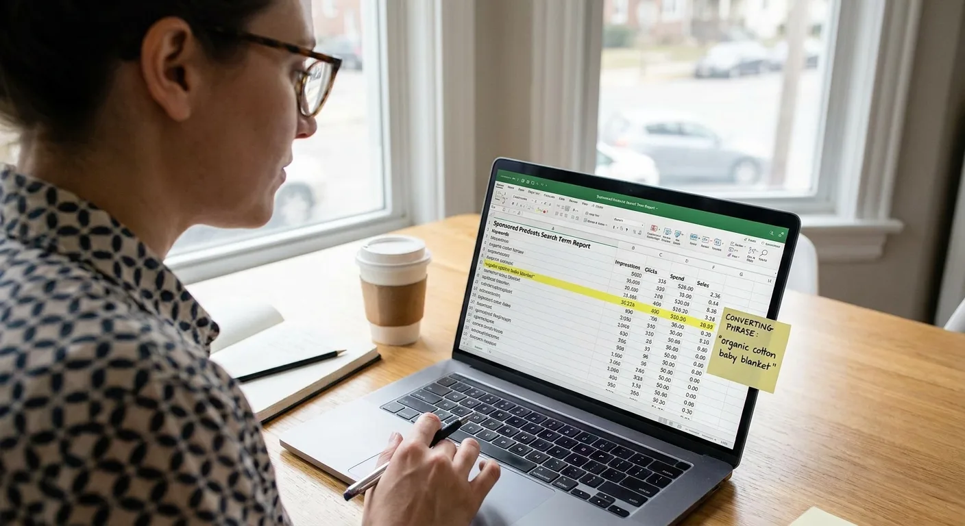 Realistic photo of a seller reviewing a Sponsored Products search term report
