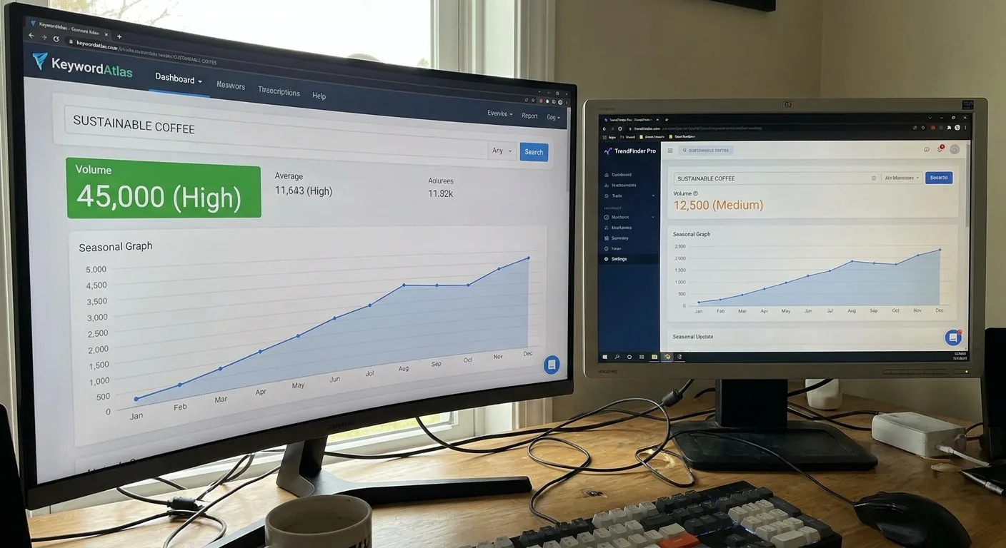 Realistic close-up of two monitors running different keyword tools, showing mismatched search