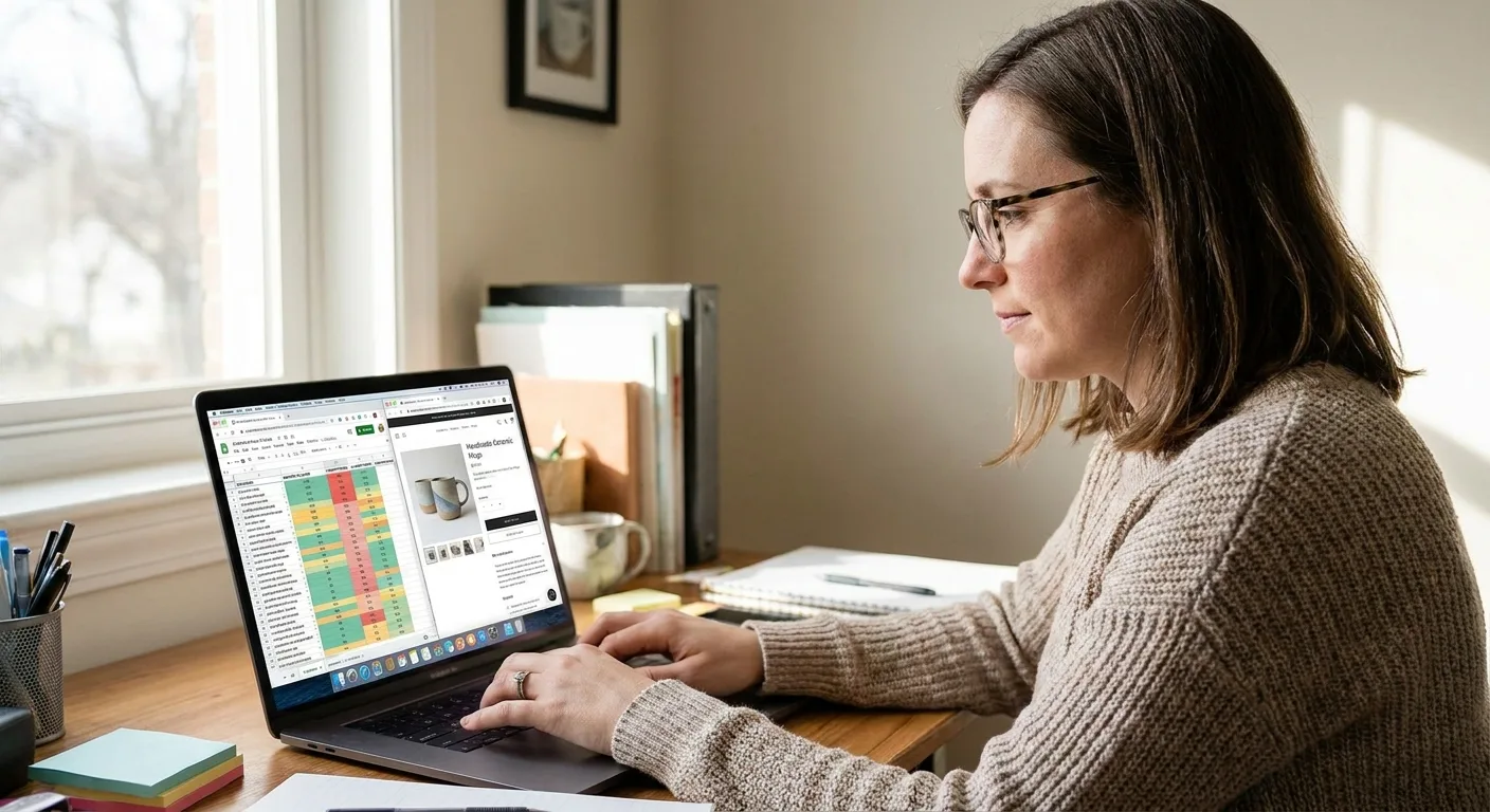 Realistic photo of an online seller at a desk, laptop showing a