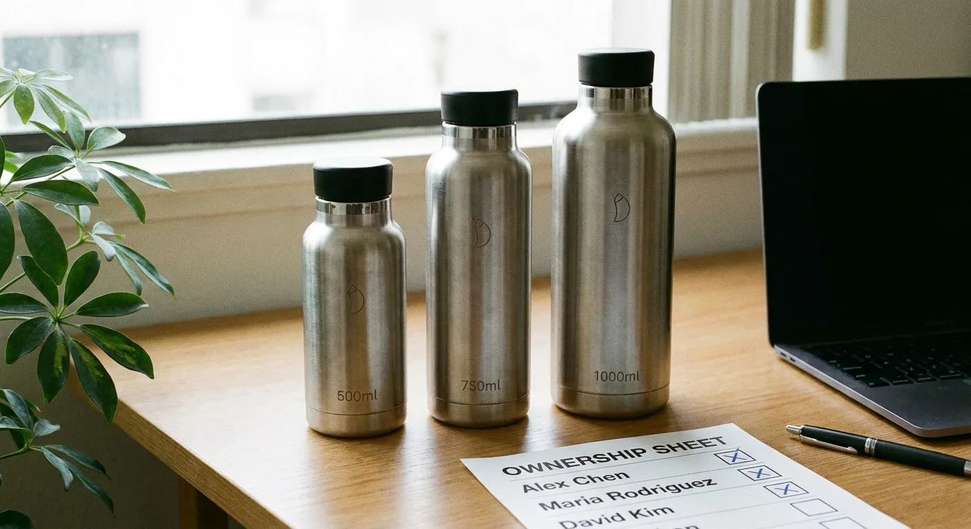 Realistic photo of three similar insulated water bottles in small, medium and