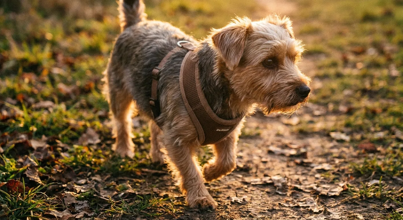 Realistic close-up of a small dog in a padded harness on a