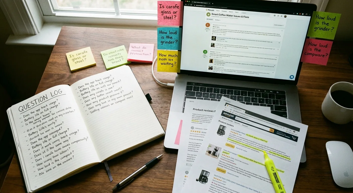 Overhead photo of a handwritten question log beside a laptop showing a