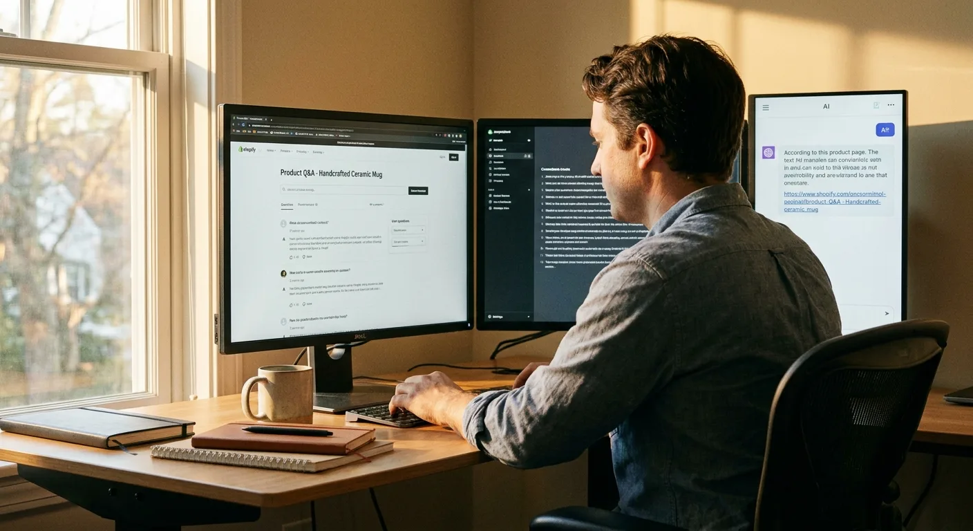 Realistic photo of a Shopify store owner at a desk, one screen