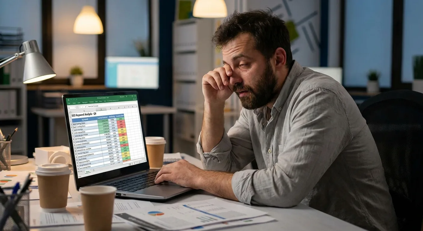 Realistic photo of a marketer at a desk staring at a long