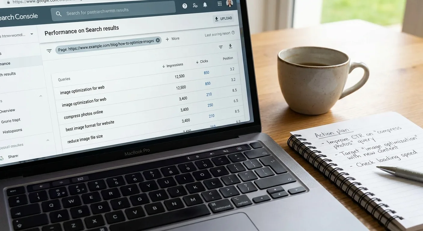 Realistic close-up of a laptop showing a Search Console style report filtered