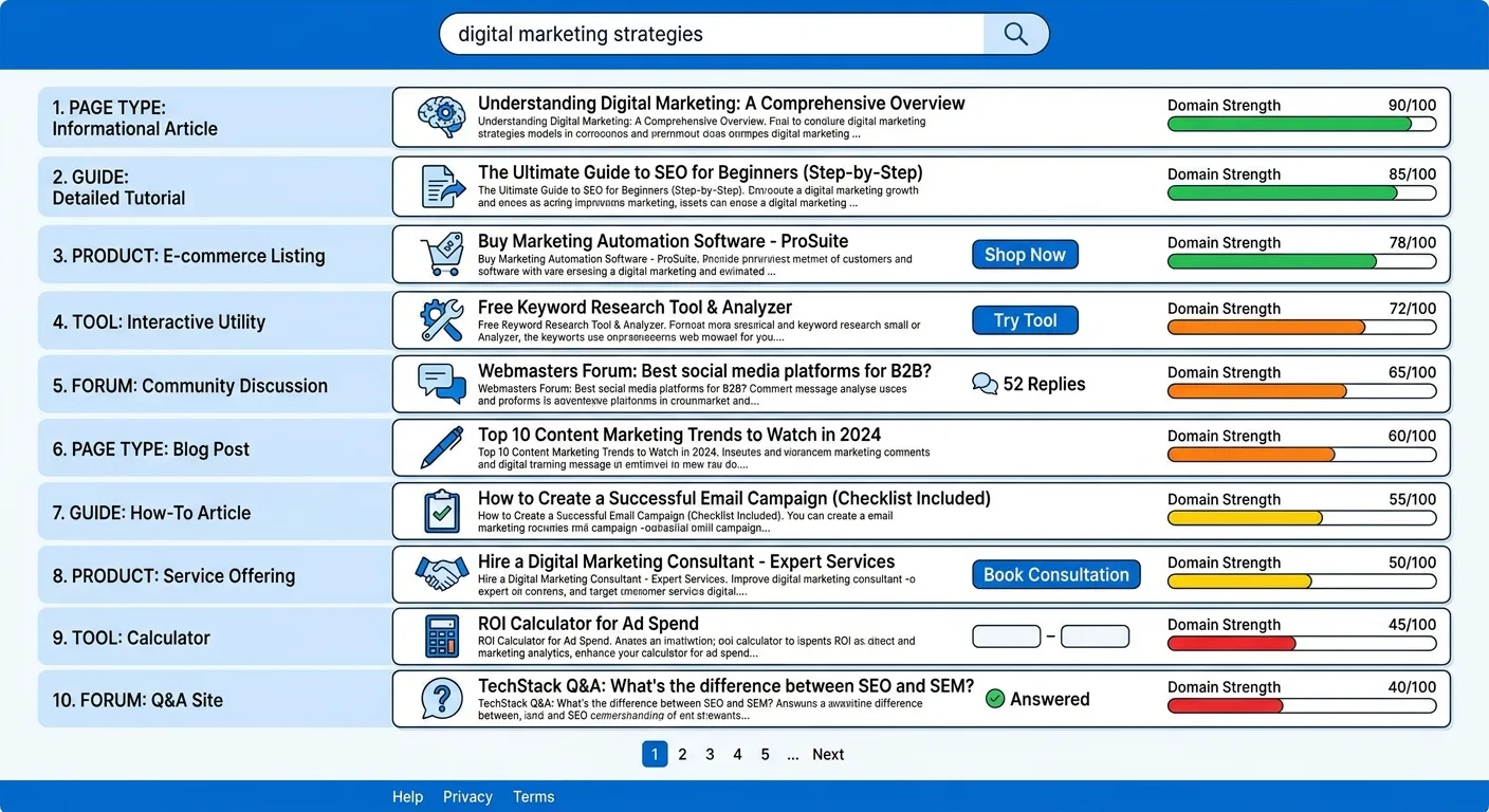 Infographic of a mock search results page with ten listings labeled by