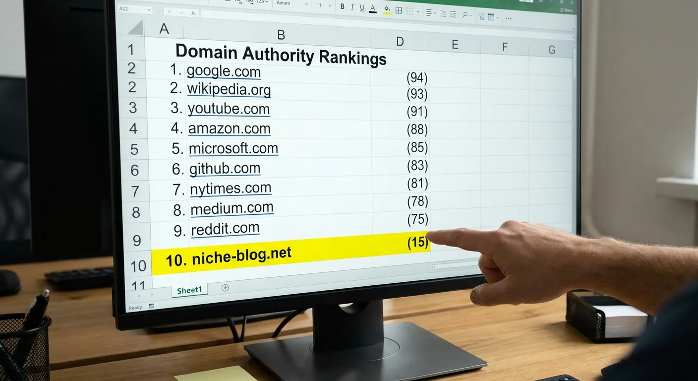 Realistic screen of a spreadsheet ranking ten domains by authority score, the
