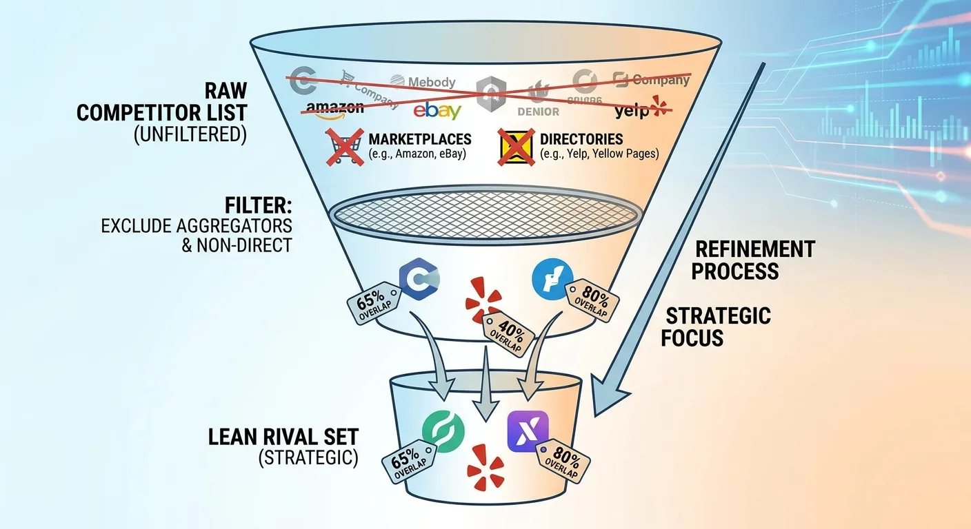 Infographic funnel filtering a raw competitor list into a lean rival set,