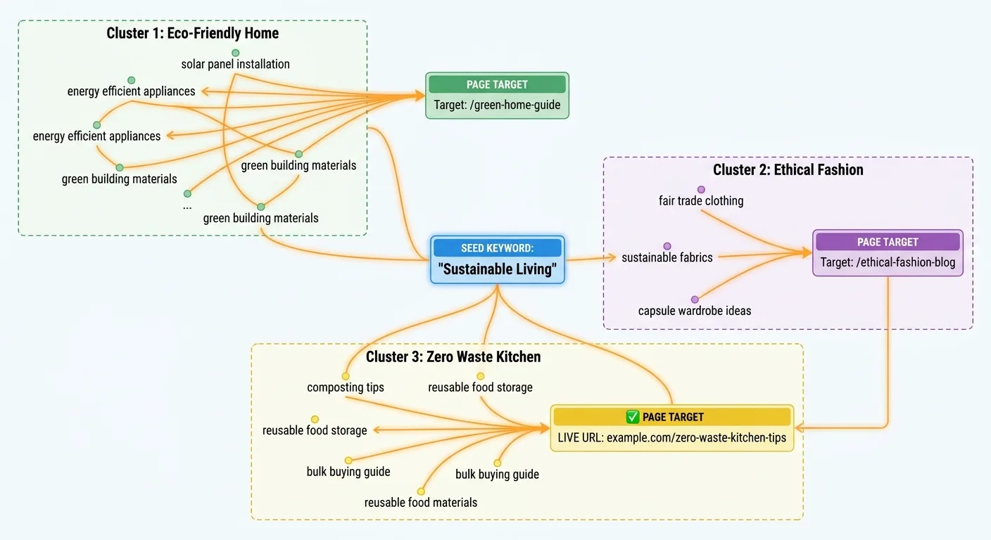 Diagram of one seed keyword branching into grouped clusters of related queries,
