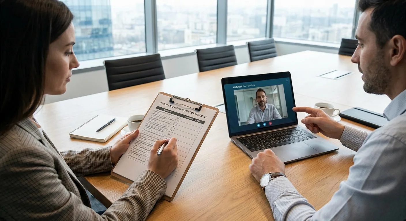 Realistic photo of two professionals at a meeting table during a vendor