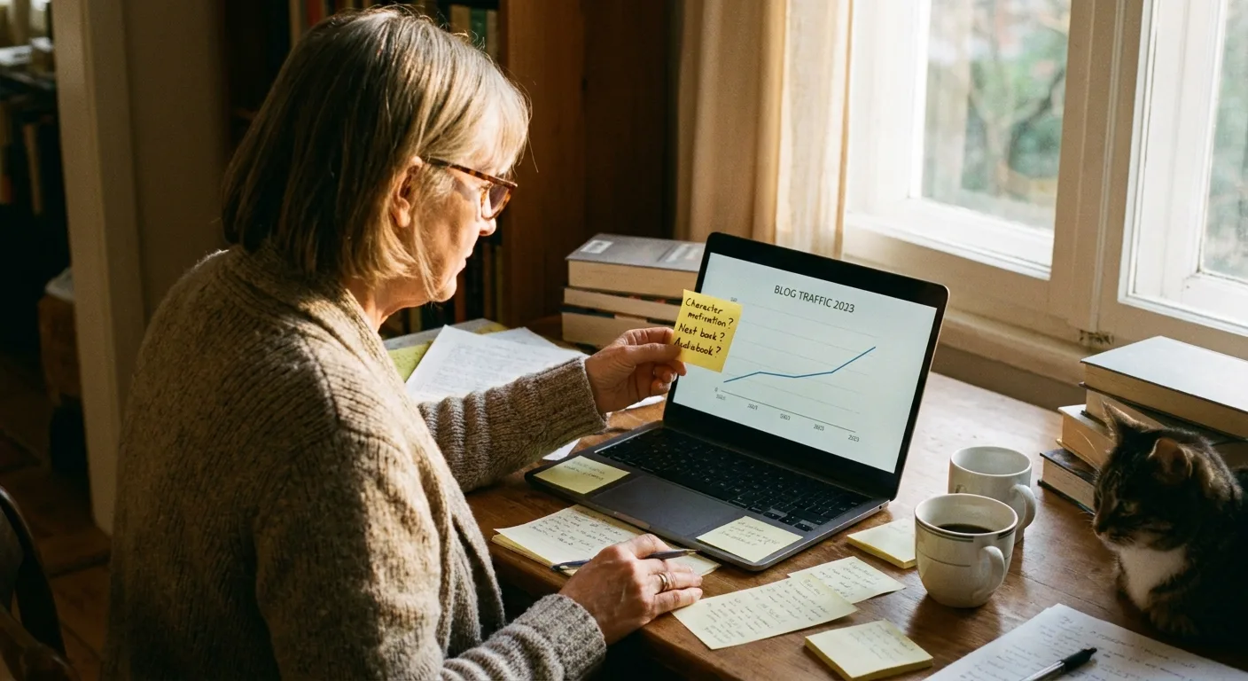 Realistic photo of a novelist at a home desk comparing a flat