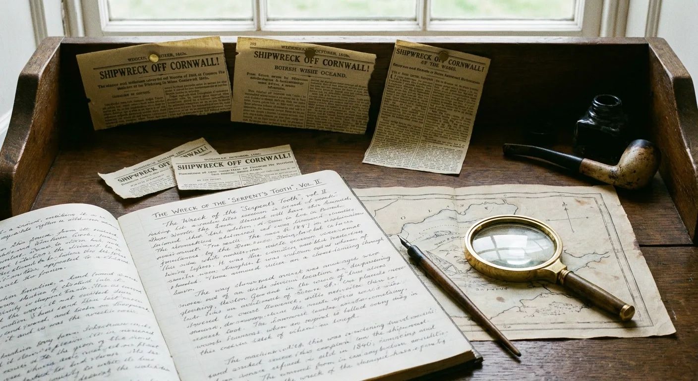 Realistic close-up of a historical novelist's desk with archival newspaper clippings, an