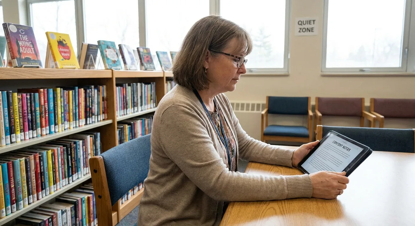 Realistic photo of a school librarian reading a book's content notes page