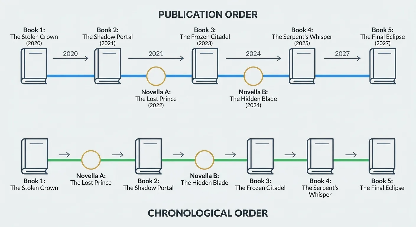 Clean infographic of two parallel timelines for a five-book fantasy series, publication