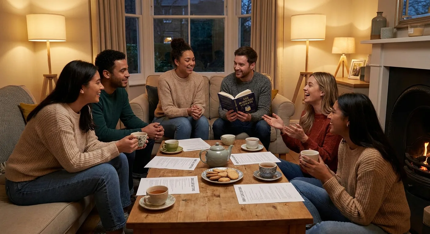 Realistic photo of six friends in a cozy living room discussing a