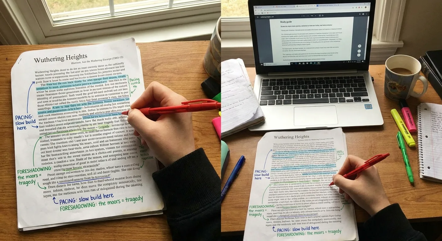 Realistic overhead shot of a student annotating a printed novel excerpt with