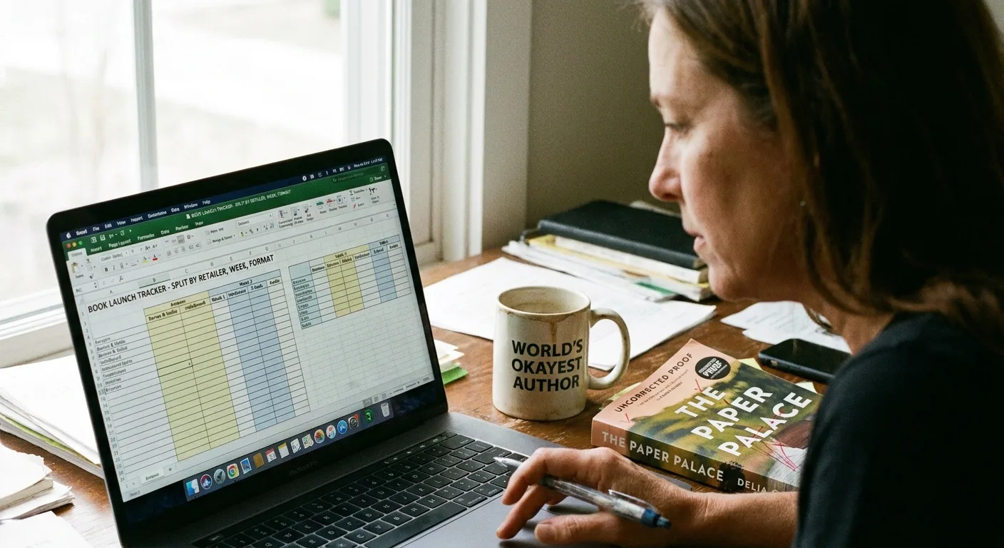 Realistic photo of an author reviewing a launch spreadsheet split by retailer,