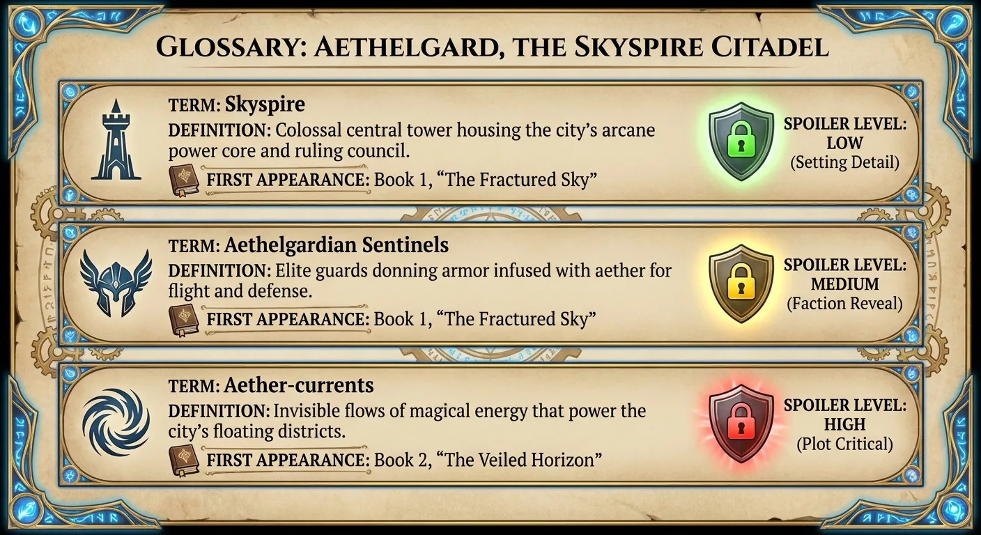 Infographic-style glossary card for an invented fantasy city, showing term, one-line definition,