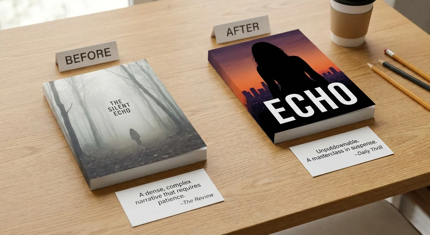 Side-by-side comparison of two fictional thriller book covers labeled Before and After,
