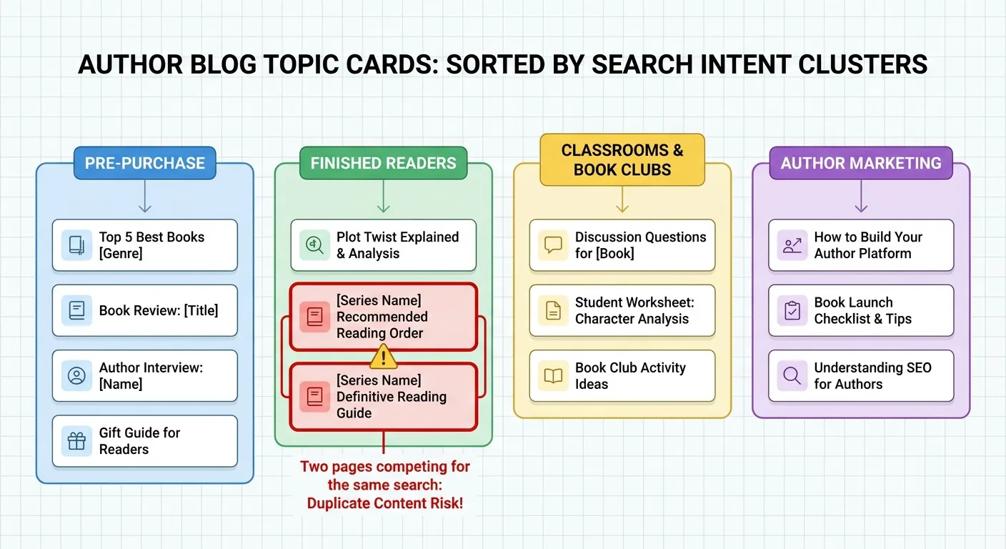 Clean flat-style infographic showing thirteen author blog topic cards sorted into four