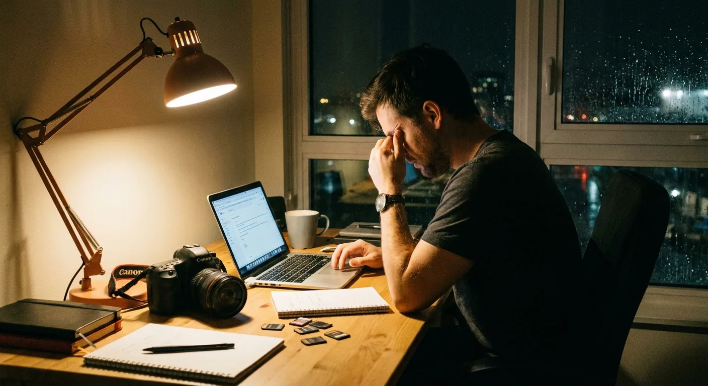 Realistic photo of a photographer at a dim desk late at night