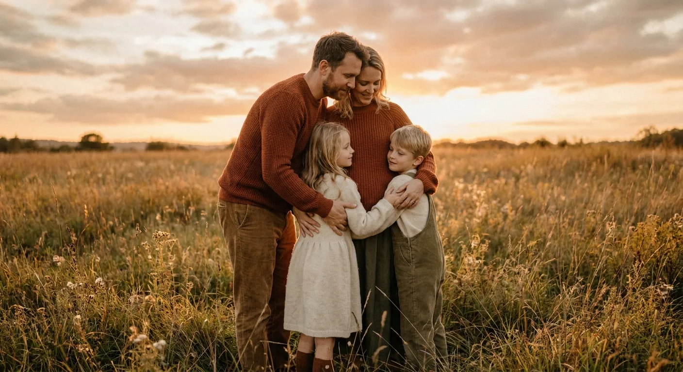 Realistic family portrait in a golden meadow, parents and two kids in