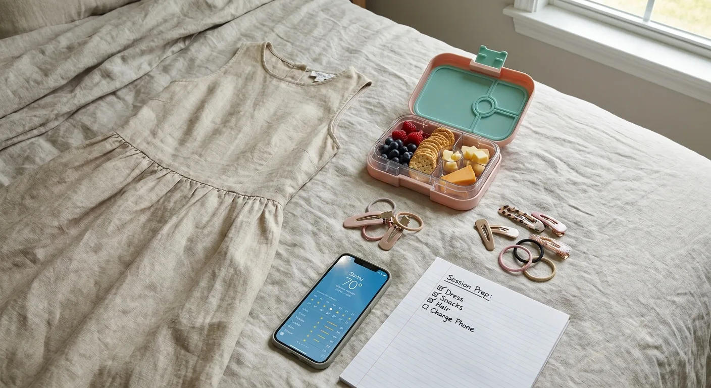 Realistic flat lay of session prep items on a bed, steamed linen