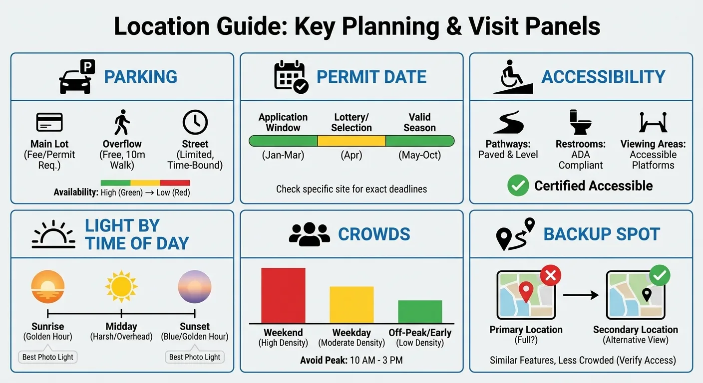 Clean infographic of a location guide layout with labeled panels for parking,