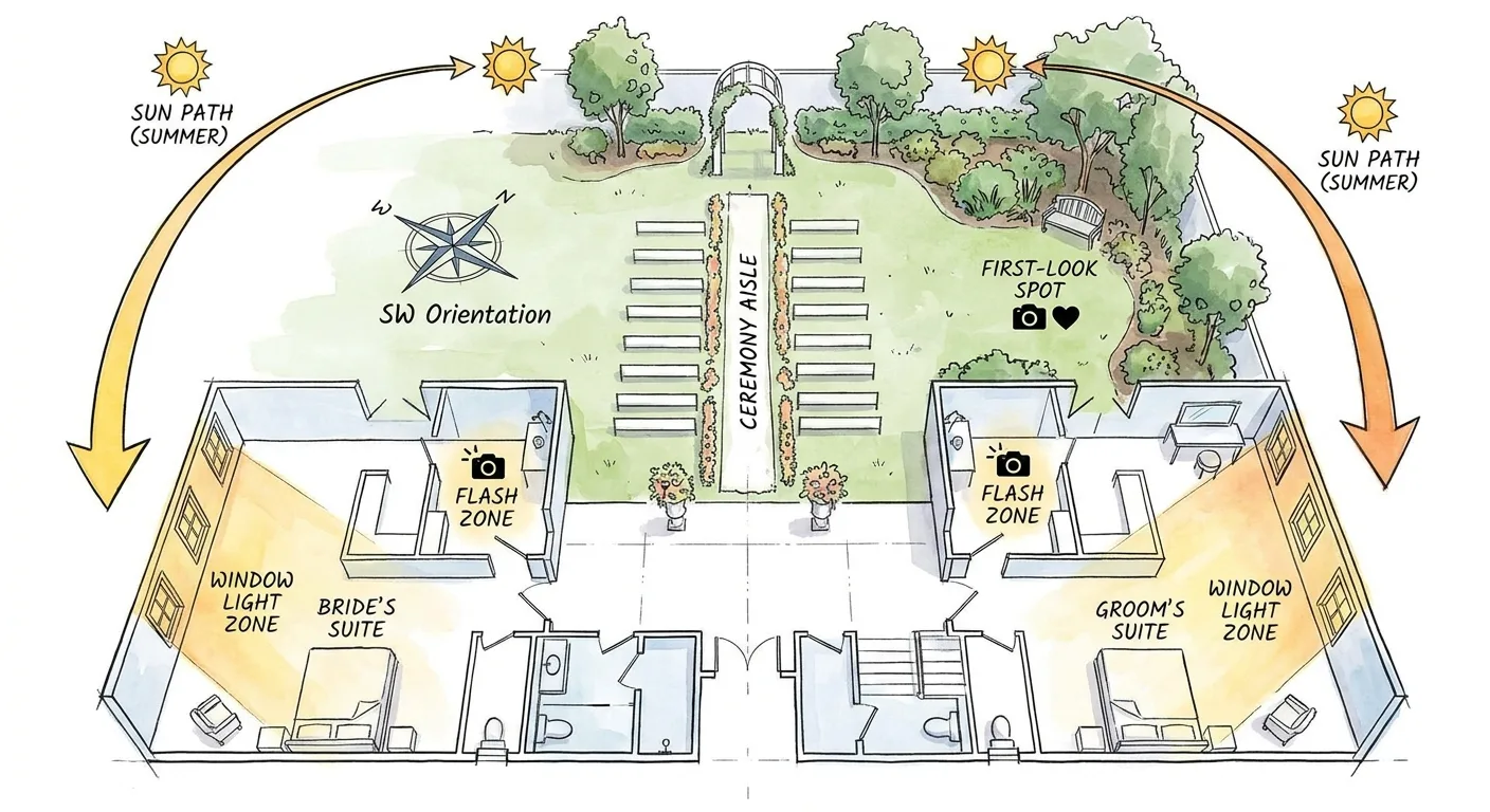 Infographic floor plan of a wedding venue with sun path arrows, ceremony