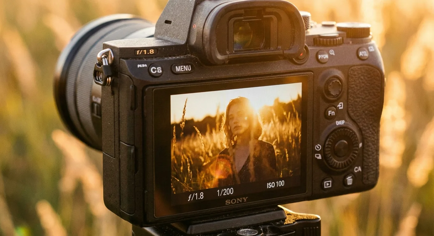 Close-up of a mirrorless camera rear screen showing a backlit outdoor portrait