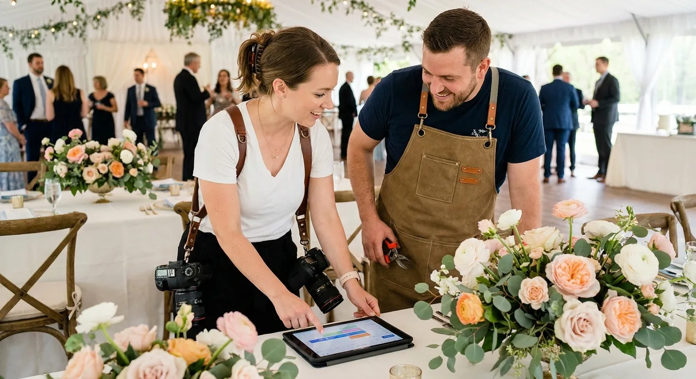 Realistic photo of a wedding photographer and florist talking beside a reception