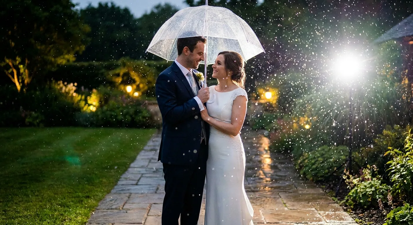 Realistic wedding couple under a clear umbrella in light rain on a