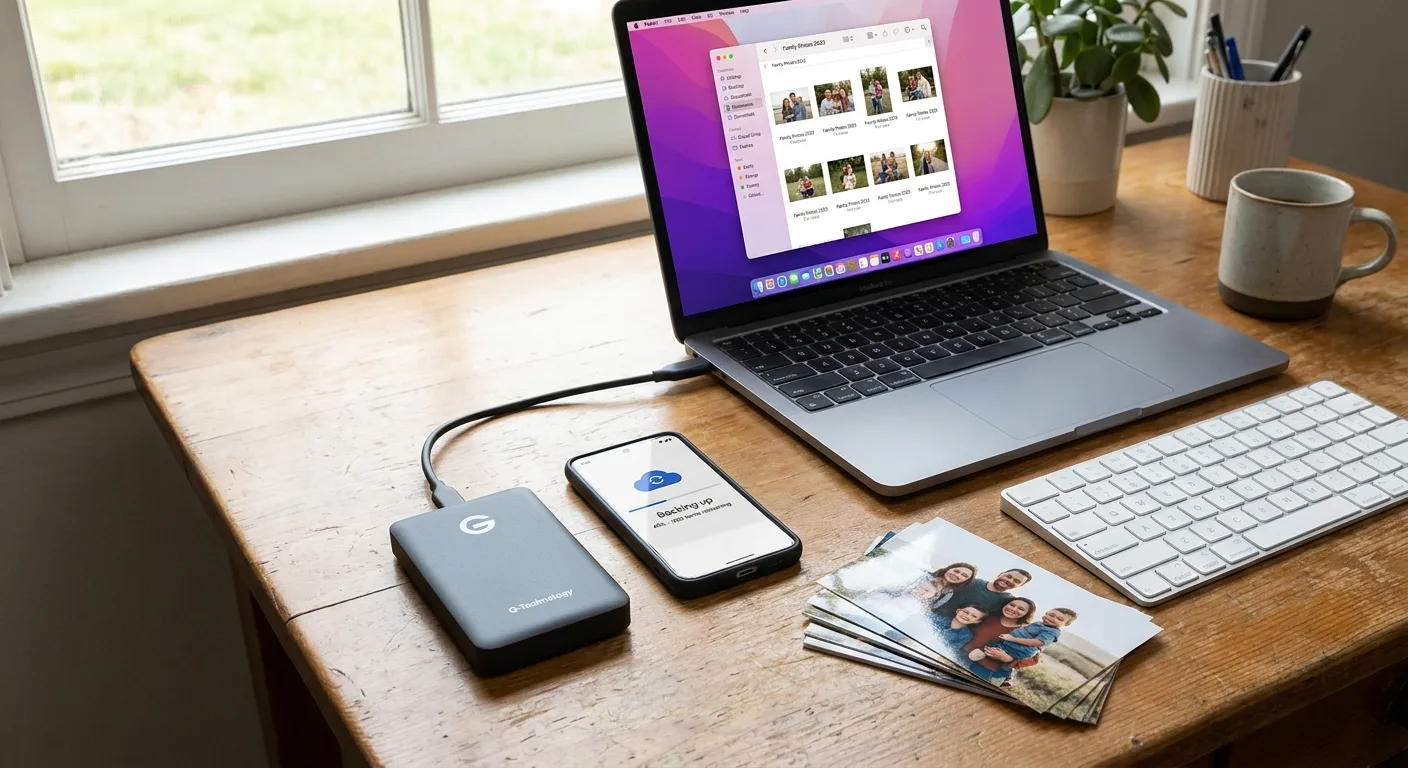 Realistic photo of a tidy wooden desk in soft daylight with an