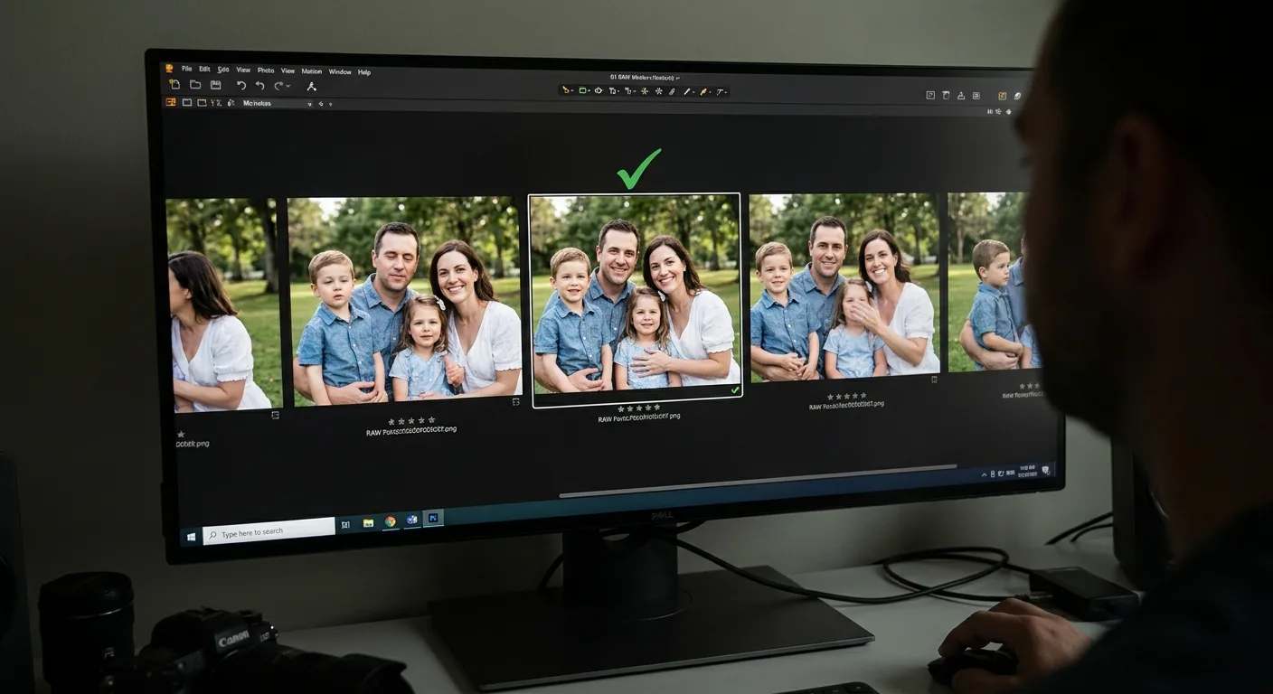 Realistic over-the-shoulder view of a photographer's monitor showing a culling grid of