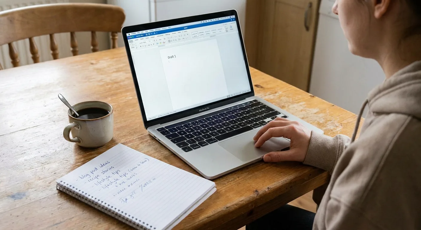 Realistic photo of a beginner blogger at a kitchen table, open laptop