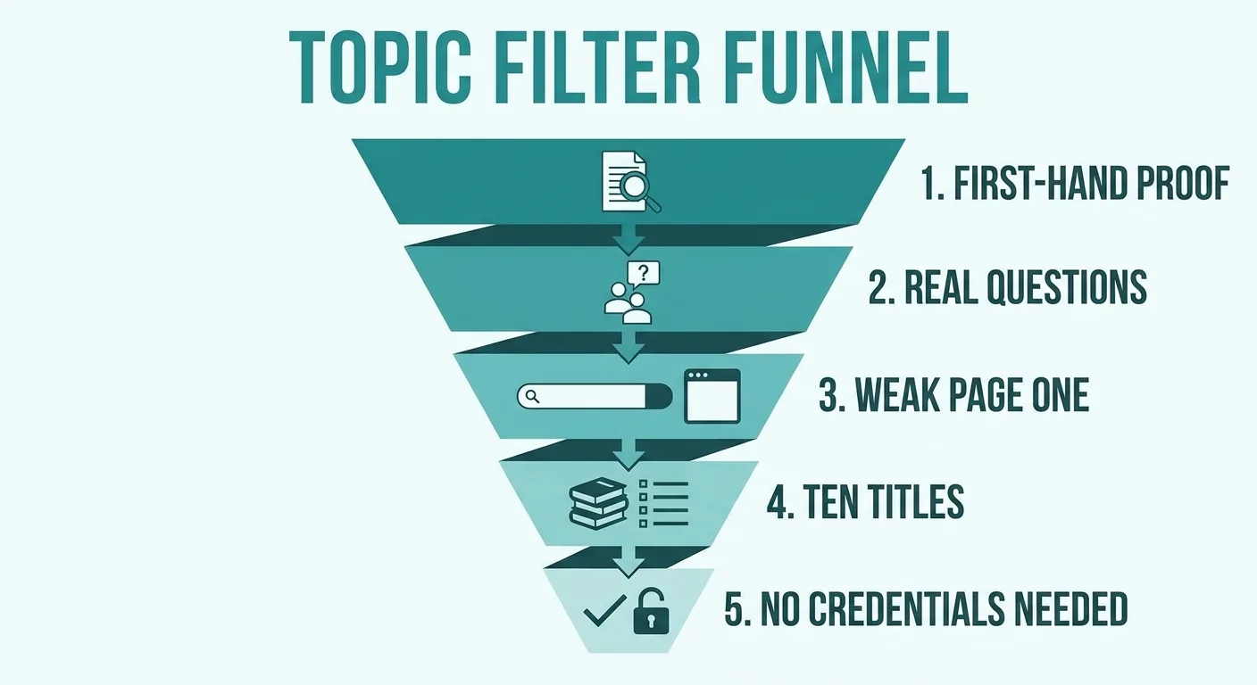 Clean flat infographic of a five-step topic filter funnel labeled first-hand proof,
