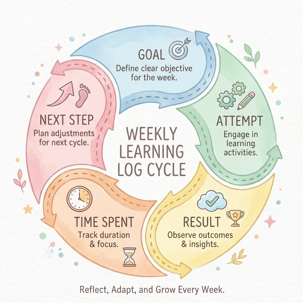Circular infographic of a weekly learning log cycle with five labeled stages,