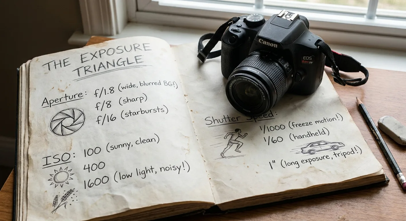 Close-up photo of a handwritten jargon notebook listing aperture, ISO and shutter