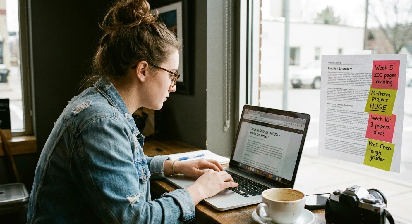 Photo of a student blogger writing a course review on a laptop