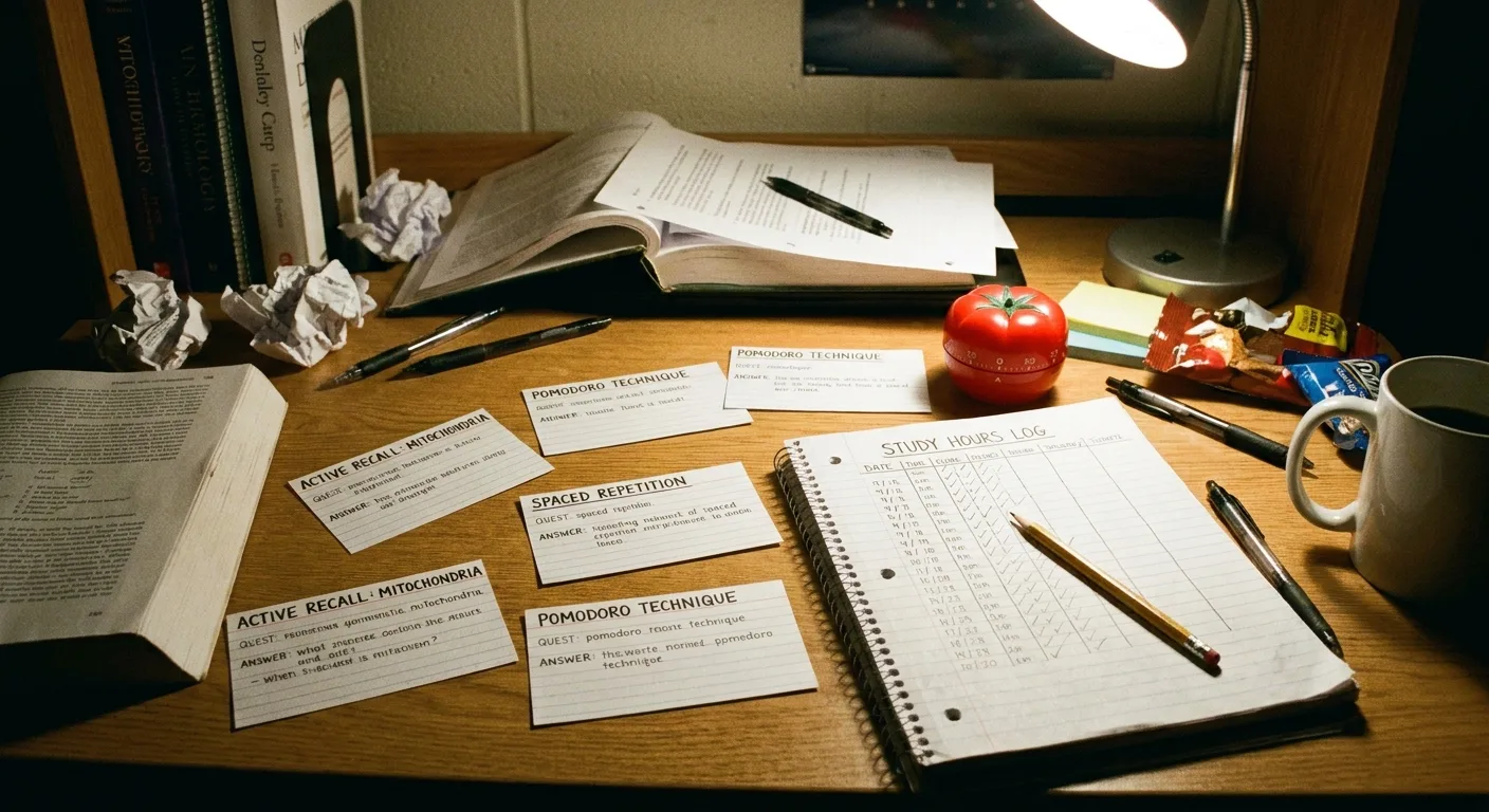 Realistic photo of a student desk during exam week, flashcards for active