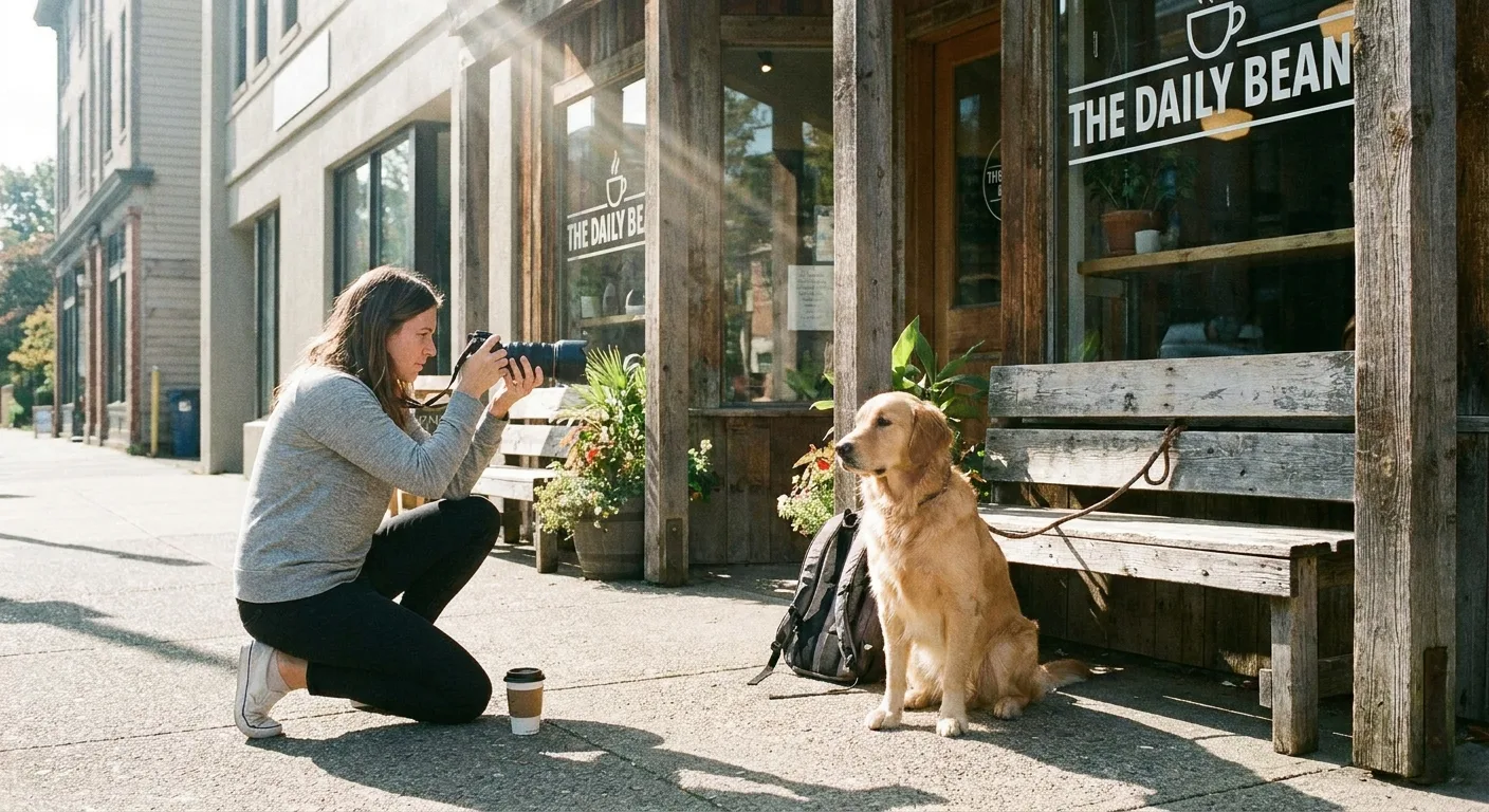 Realistic photo of a blogger photographing a small neighborhood café storefront with